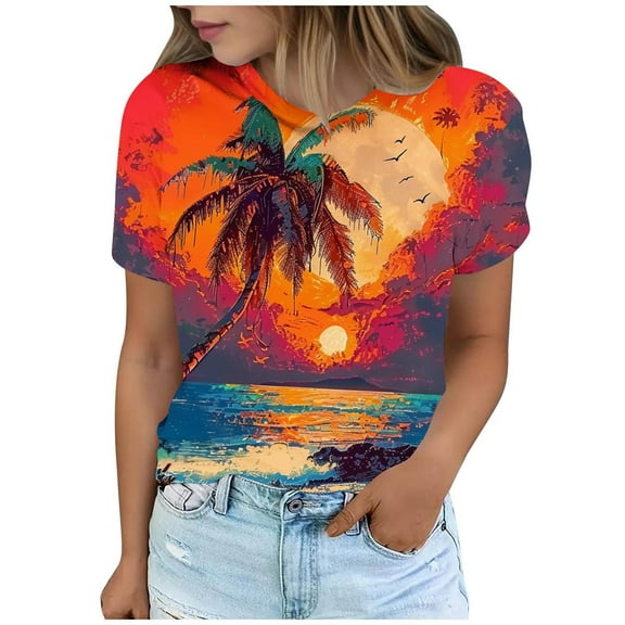 Youyipin Womens Tops Womens Hawaiian Shirt Sunset Palm Tree Shirt Summer Beach Graphic T-Shirt Tropical Shirts Vacation Tee Summer Tops For Women