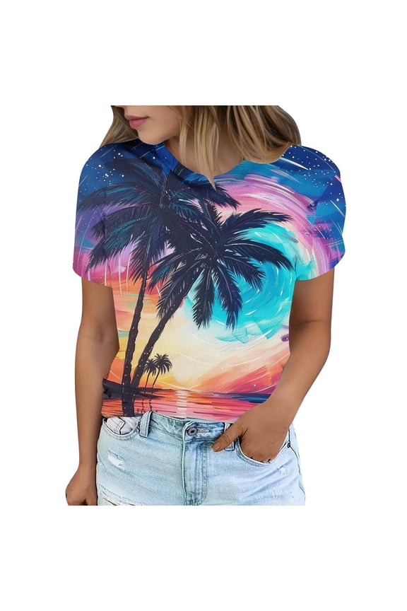 Womens Tops Womens Hawaiian Shirt Sunset Palm Tree Shirt Summer Beach Graphic T-Shirt Tropical Shirts Vacation Tee Summer Tops For Women