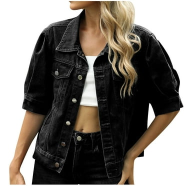 Youyipin Womens Tops Womens Jean Jacket Cropped Denim Jackets Stretchy 3/4 Puff Sleeve Distressed Shacket With Pockets Spring Tops For Women