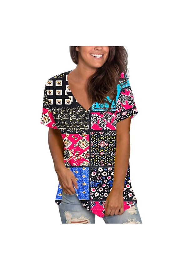 Womens Tops Womens Print Shirt African Dashiki Short Sleeve V Neck Loose Tunic Tops Spring Tops For Women