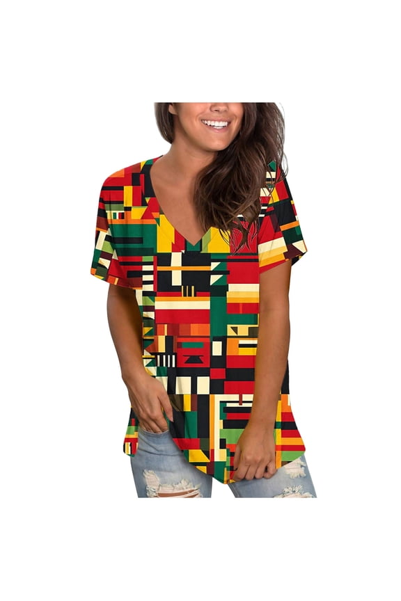 Womens Tops Womens Print Shirt African Dashiki Short Sleeve V Neck Loose Tunic Tops Spring Tops For Women