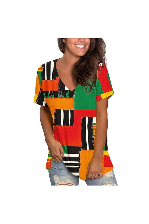 Womens Tops Womens Print Shirt African Dashiki Short Sleeve V Neck Loose Tunic Tops Spring Tops For Women