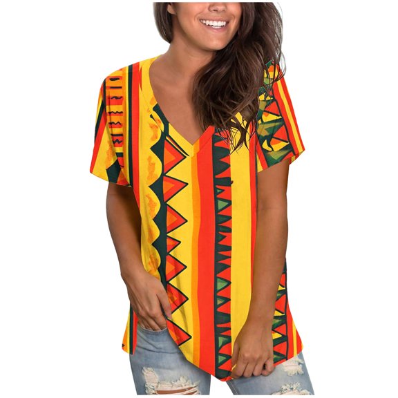 Youyipin Womens Tops Womens Print Shirt African Dashiki Short Sleeve V Neck Loose Tunic Tops Spring Tops For Women