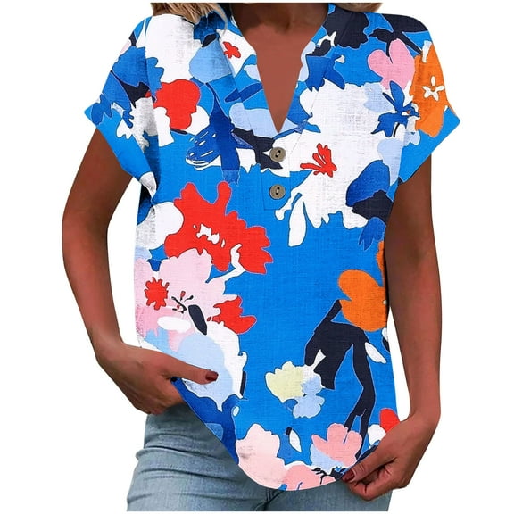 Youyipin Womens Tops Womens Short Sleeve Casual Tops Fashion V Neck Summer Blouse Trendy Button Down 2025 Tunic Loose Tee Spring Tops For Women