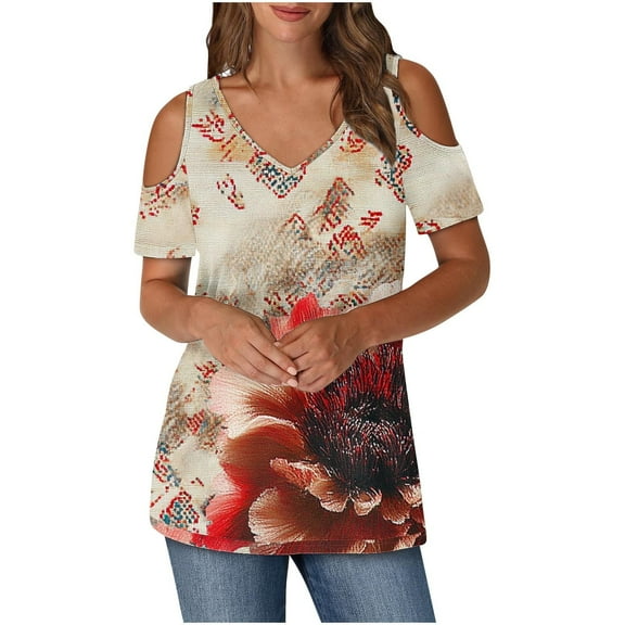 Youyipin Womens Tops Womens Summer T Shirts Short Sleeve Shirts For Women Tunic Strappy Cold Shoulder Tops Spring Tops For Women