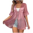 thumbnail image 1 of Youyipin Womens Tops Womens Tie Front Lace Tops Summer Sheer Ruffle Elbow Sleeve Cardigan Shirts Flowy Beach Vacation Cover Up Blouses Spring Tops For Women, 1 of 5