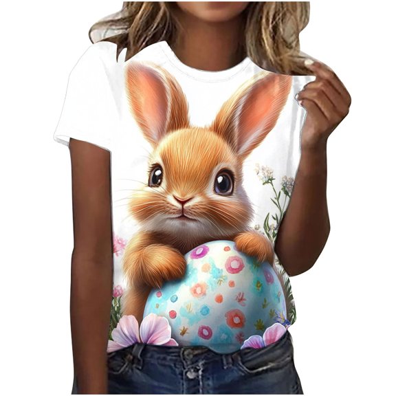Youyipin Womens Tops Workout Easter Tops For Women Short Sleeve Length Easter Egg And Bunny Printed Tops Round Neck Summer Tops For Women