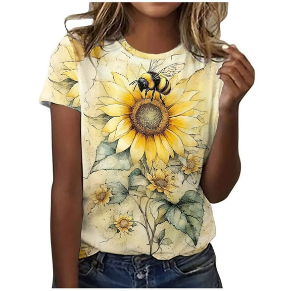 Youyipin Womens Tops World Bee Day Shirts For Women Cute Bee Sunflower Pattern 3/4 Sleeve Crewneck Blouses 2025 Casual Comfy Tunic Tops Short Sleeve Shirts For Women