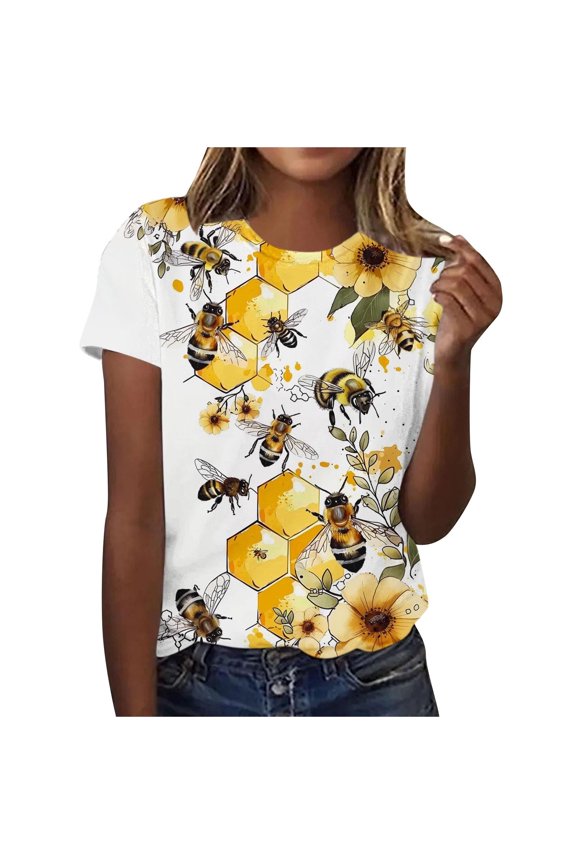 Womens Tops World Bee Day Shirts For Women Cute Bee Sunflower Pattern 3/4 Sleeve Crewneck Blouses 2025 Casual Comfy Tunic Tops Short Sleeve Shirts For Women
