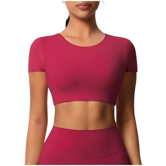 Youyipin Womens Tops Yoga Womens Butterluxe Double Lined Short Sleeve Crop Tops Crew Neck Casual Workout T-Shirt Cute Basic Tee Basic Tees For Women