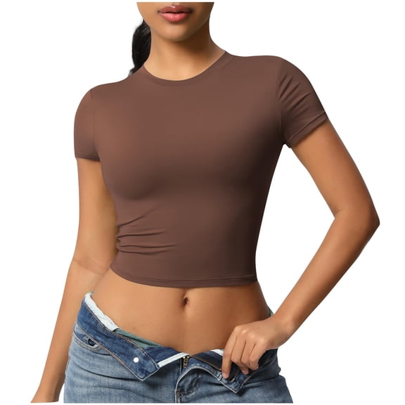 Youyipin Womens Tops Yoga Womens Butterluxe Double Lined Short Sleeve Crop Tops Crew Neck Casual Workout T-Shirt Cute Basic Tee Basic Tees For Women