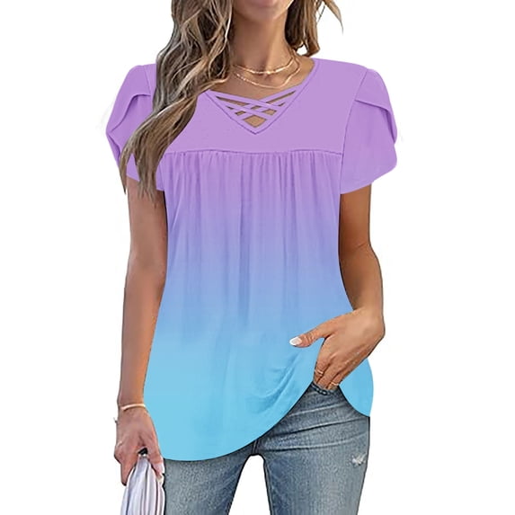 Youyipin Womens Tops short Sleeve Criss Cross V Neck T Shirts Loose Fit Casual Oversized Tshirts Blouses summer tops for women