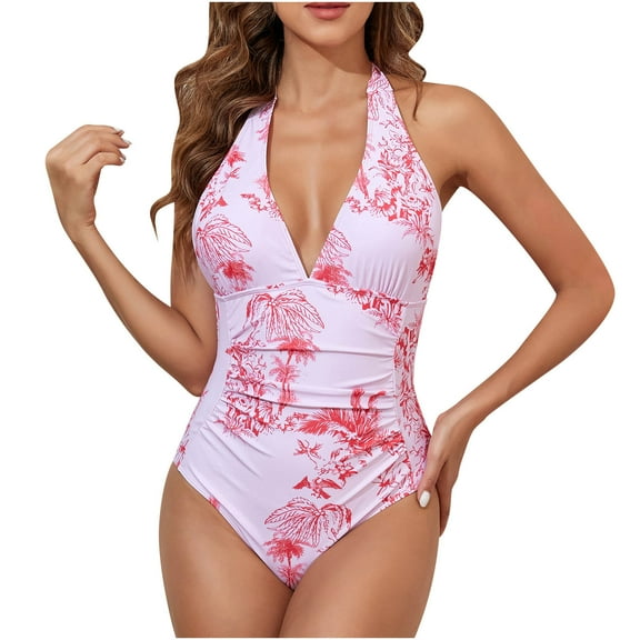 Youyipin Womens one piece swimsuit women Tropical Print Push-Up halter tummy control beach vacation clothes for women