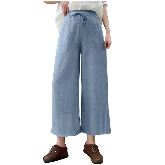 Youyipin women's pants Linen Cropped Wide Leg Pants Elastic Waist Casual Trousers with Pockets pants for women