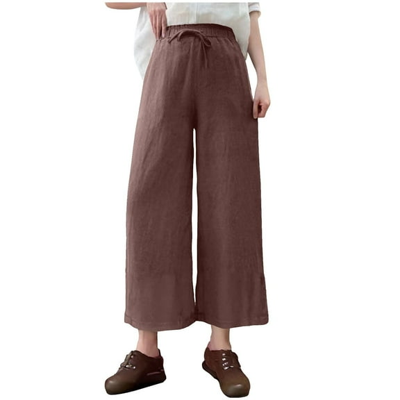 Youyipin women's pants Linen Cropped Wide Leg Pants Elastic Waist Casual Trousers with Pockets pants for women