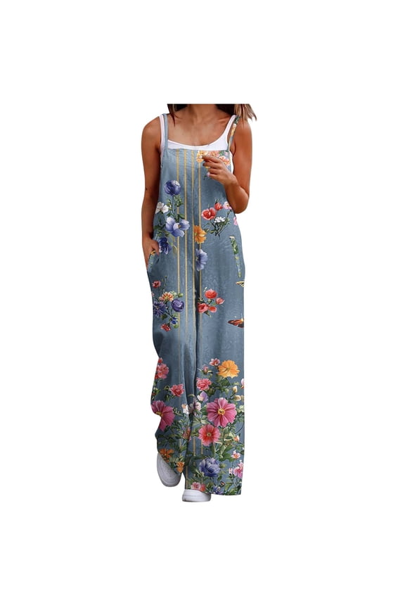 women's pants Summer Boho Casual Jumpsuits Wide Leg Overalls Floral Print Baggy Rompers with Pockets pants for women