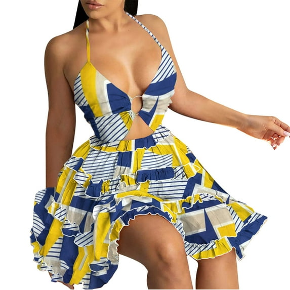 Youyipin womens Summer dresses Floral V Neck Adjustable Spaghetti Casual Short Dress with Ring cocktail dresses for women