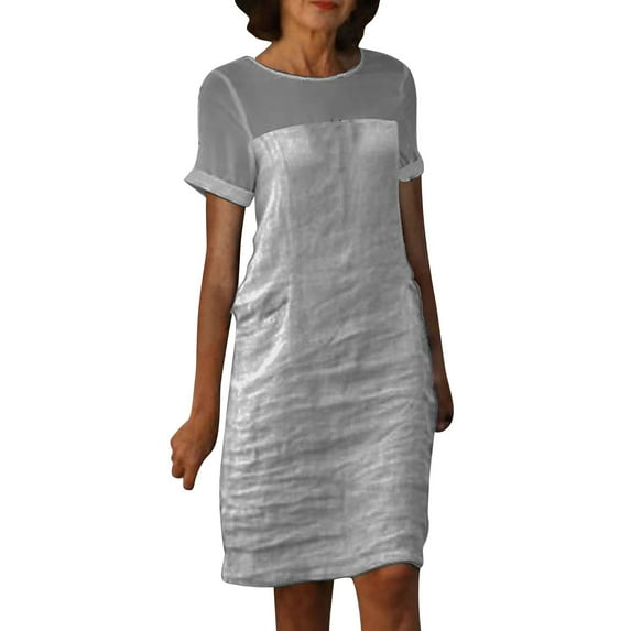Youyipin womens dresses 100% Linen mesh Summer Casual short sleeve Crew Neck solid color Midi Dresses with Pockets