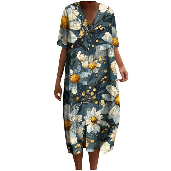 Youyipin womens dresses Floral Block Print Sleepwear Dress Sleepwear Maxi Beige Cotton Ethnic Beach cover up nightwear Caftan Dress Plus Size summer dresses for women 2025