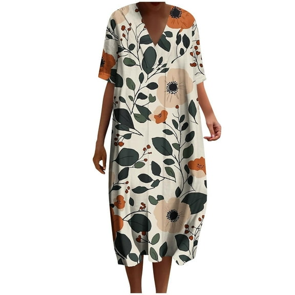 Youyipin womens dresses Floral Block Print Sleepwear Dress Sleepwear Maxi Beige Cotton Ethnic Beach cover up nightwear Caftan Dress Plus Size summer dresses for women 2025