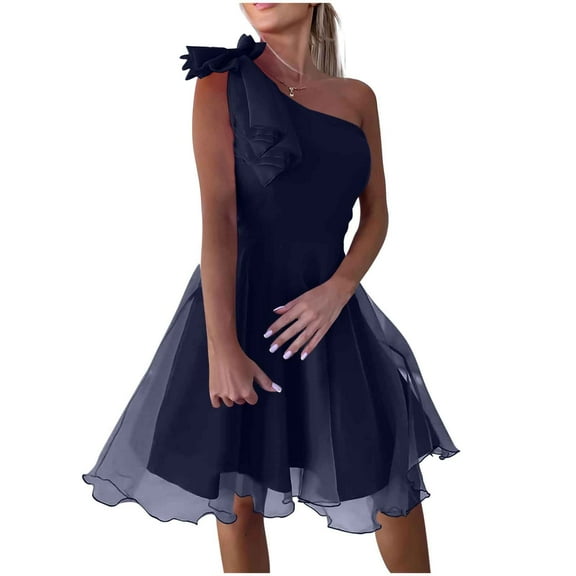 Youyipin womens dresses One Shlouler Elegant Dress with Pockets Satin Tea Length A Line Formal Wedding Guest Dress prom dresses 2025