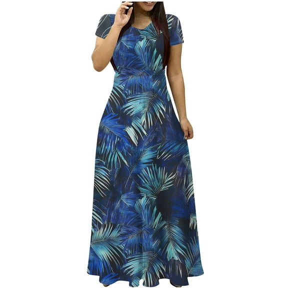 Youyipin womens dresses Swing Vacation Maxi Dresses for Women Boho Floral Printed Crewneck Short Sleeve Summer Beach Dress with Pockets spring dresses for women 2025