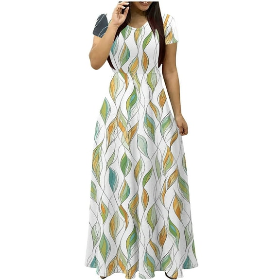 Youyipin womens dresses Swing Vacation Maxi Dresses for Women Boho Floral Printed Crewneck Short Sleeve Summer Beach Dress with Pockets spring dresses for women 2025
