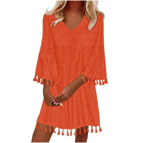 Youyipin womens dresses Women's 2025 Summer Dress Swiss Dot V Neck Bell Sleeve Shift Dress Casual Flowy summer Mini dresses for women 2025