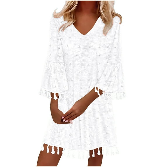 Youyipin womens dresses Women's 2025 Summer Dress Swiss Dot V Neck Bell Sleeve Shift Dress Casual Flowy summer Mini dresses for women 2025