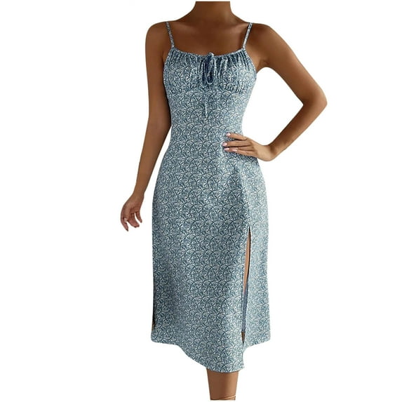 Youyipin womens dresses Women's Elegant Sleeveless Dress Spaghetti Strap Sexy Midi Solid Color Strapless Floral Print Split Hem Vacation summer dresses for women 2025