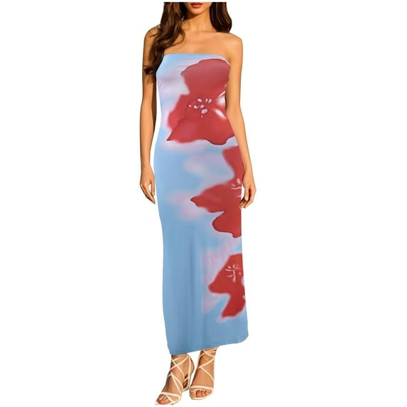 Youyipin womens dresses Women's Sexy Floral Print Strapless Maxi Dress Y2K Bodycon Tube Slim Fit Sleeveless Long Dress for Party Club summer dresses for women 2025