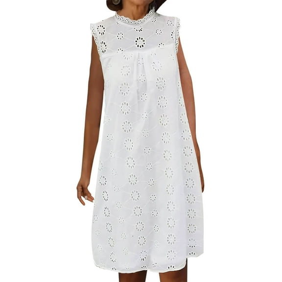 Youyipin womens dresses Women's Summer Tank Dress Sleeveless A Line Midi Dress Eyelet Hem Crewneck Holiday Casual Dress white dress women
