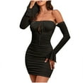 thumbnail image 1 of Youyipin womens dresses Womens Sexy Off Shoulder Bodycon Mini Dress Long Sleeve Halter Ruched Slinky Party Club summer dresses for women 2025, 1 of 9