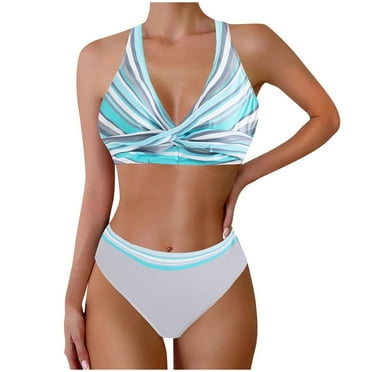 Youyipin womens fashion High Waisted Bikini Sets Tummy Control Swimsuits 2025 Two Piece Bathing Suits Color Block Halter Swim Suits vacation outfits for women