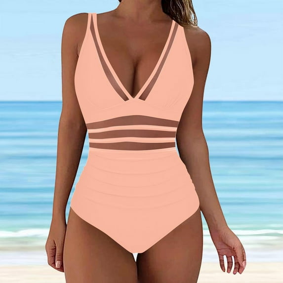 Youyipin womens fashion Tummy Control Swimsuits Mesh Sexy One Piece Bathing Suits Slimming V Neck Swimwear bathing suit for women