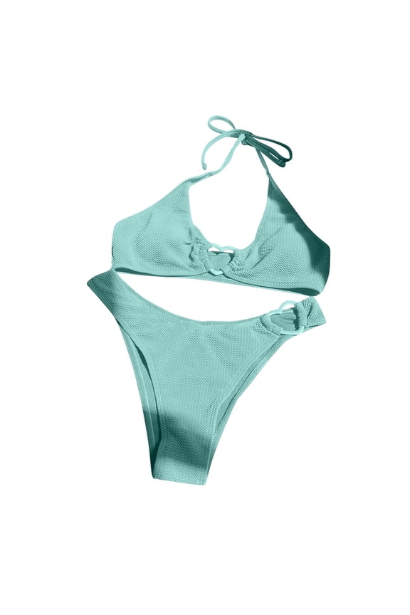 womens swimsuits Ribbed Textured Halter Bikini Set, 2 Pieces Cute Heart Ring Triangle Bottoms Swimwear Bathing Suits beach vacation clothes for women