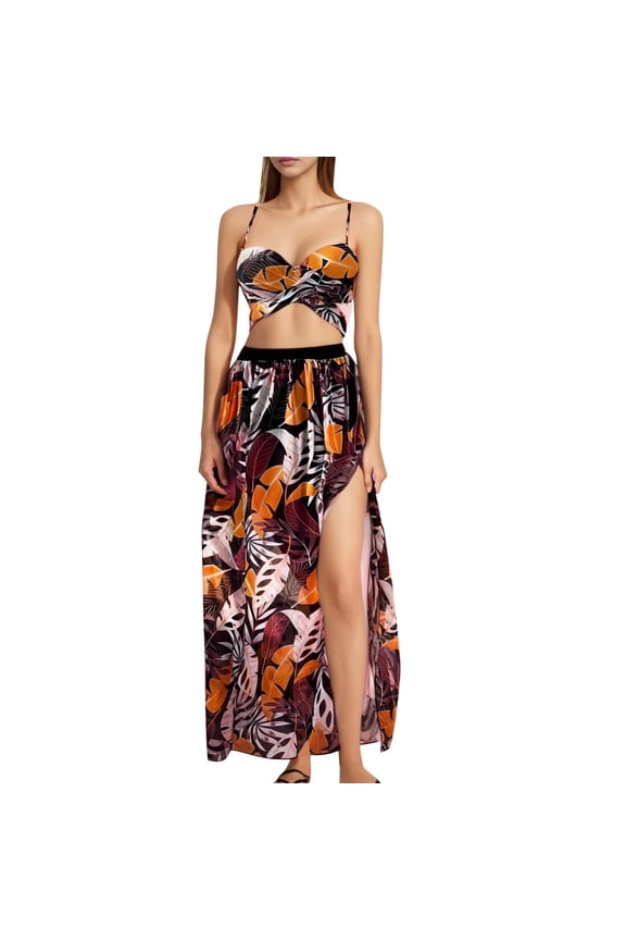 womens swimsuits Sexy 2 Piece Outfits Summer Beach Boho Floral Dress V Neck Crop Tops and High Split Maxi Skirt Sets vacation outfits for women