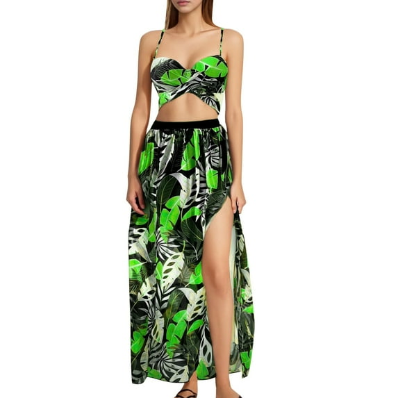 Youyipin womens swimsuits Sexy 2 Piece Outfits Summer Beach Boho Floral Dress V Neck Crop Tops and High Split Maxi Skirt Sets vacation outfits for women