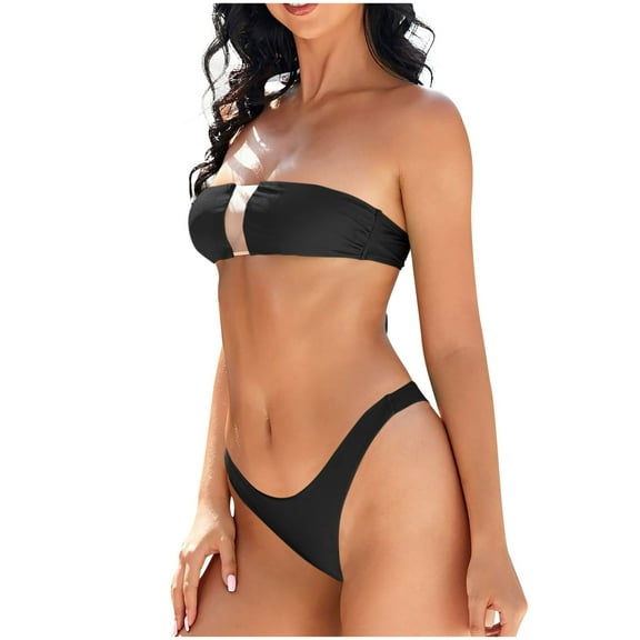 Youyipin womens swimsuits Women's Bandeau Bikini Sets Buckle Strapless Lace Up High Cut 2 Piece Swimsuit Solid Bathing Suit beach vacation clothes for women