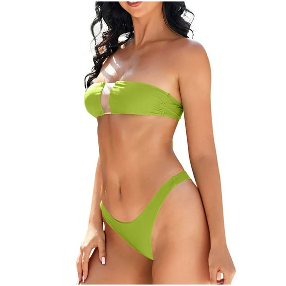 Youyipin womens swimsuits Women's Bandeau Bikini Sets Buckle Strapless Lace Up High Cut 2 Piece Swimsuit Solid Bathing Suit beach vacation clothes for women