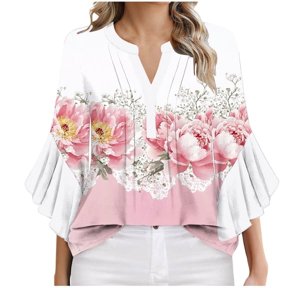 Youyipin womens tops 3/4 Length Sleeve Double Layered Dressy Casual Business Work Blouses V Neck Office Tunic Summer tops for women