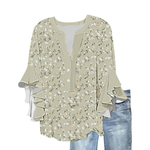 Youyipin womens tops 3/4 Sleeve Casual Ruffle Floral Henley Notched V Neck T Shirts Loose Fit graphic tees for women