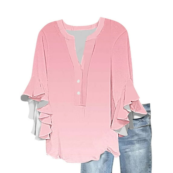 Youyipin womens tops 3/4 Sleeve Casual Ruffle Floral Henley Notched V Neck T Shirts Loose Fit graphic tees for women