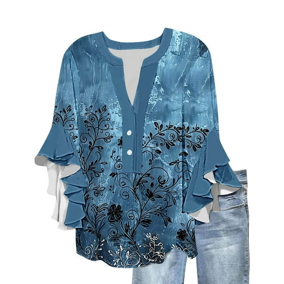 Youyipin womens tops 3/4 Sleeve Casual Ruffle Floral Henley Notched V Neck T Shirts Loose Fit graphic tees for women