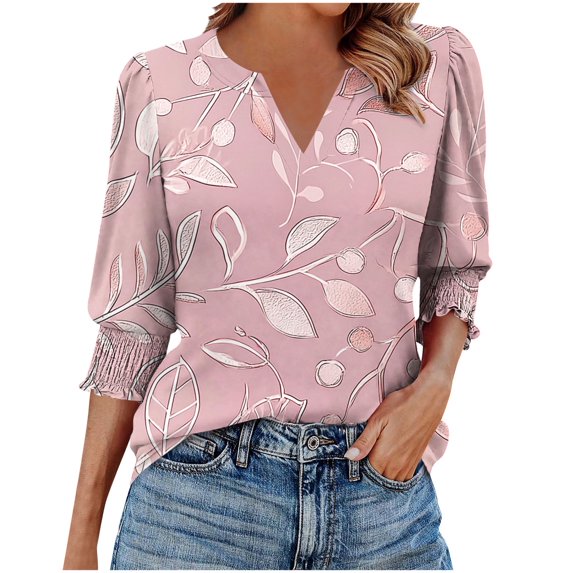 Youyipin womens tops Casual flower Printed 3/4 length sleeve womens tops Smocked Cuffs graphic tees for women