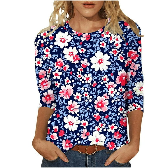 Youyipin womens tops Fashion Casual Bow tie Print Round Neck 3/4 Sleeve T-shirt Blouse Summer tops for women