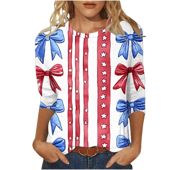 Youyipin womens tops Fashion Casual Bow tie Print Round Neck 3/4 Sleeve T-shirt Blouse Summer tops for women