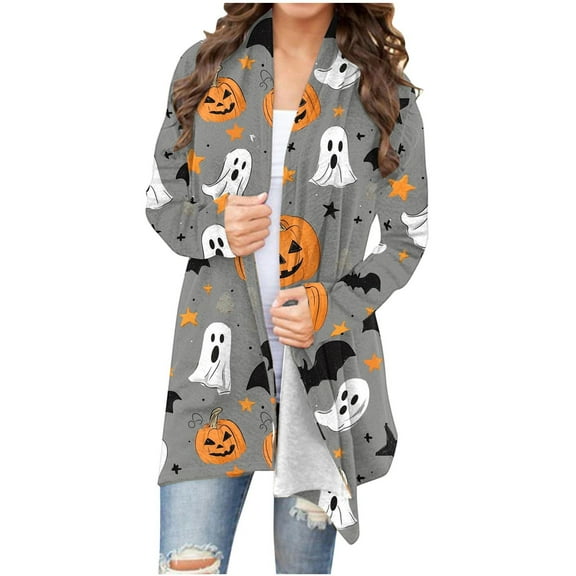 Youyipin womens tops Fashion Halloween Printed Long Sleeved Cardigan Jacket beach vacation clothes for women