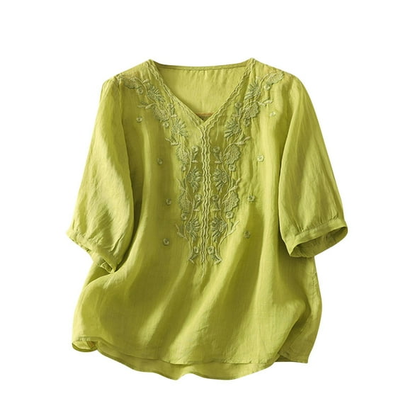 Youyipin womens tops Floral Embroidery Linen Shirts 3/4 length sleeve womens tops v Neck Babydoll Tops Blouses