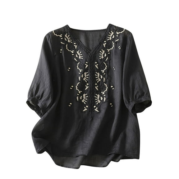 Youyipin womens tops Floral Embroidery Linen Shirts 3/4 length sleeve womens tops v Neck Babydoll Tops Blouses
